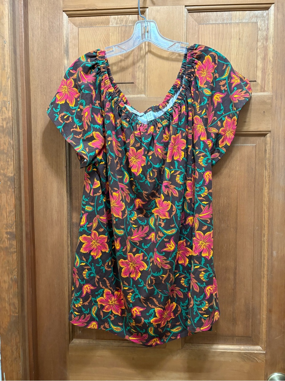 D&Co Floral Peasant Top in Black with Pink & Orange Flowers 1X